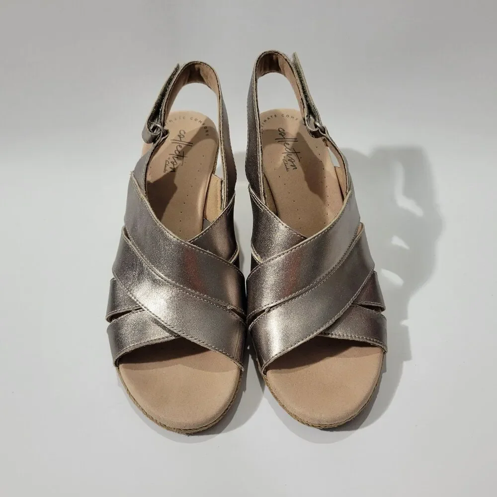 Clarks Collection Gold Espadrilles Slingback Wedge Sandals Sz 8M